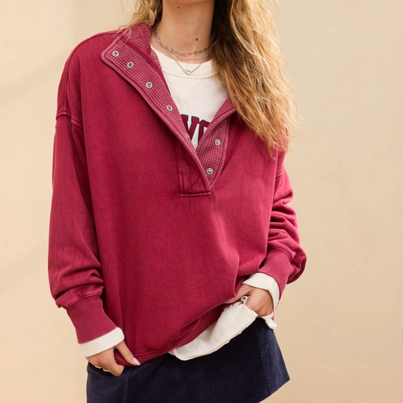 Aerie Getaway Quarter Snap Sweatshirt Cherry Tart Red Maroon Medium Oversized - Picture 1 of 6